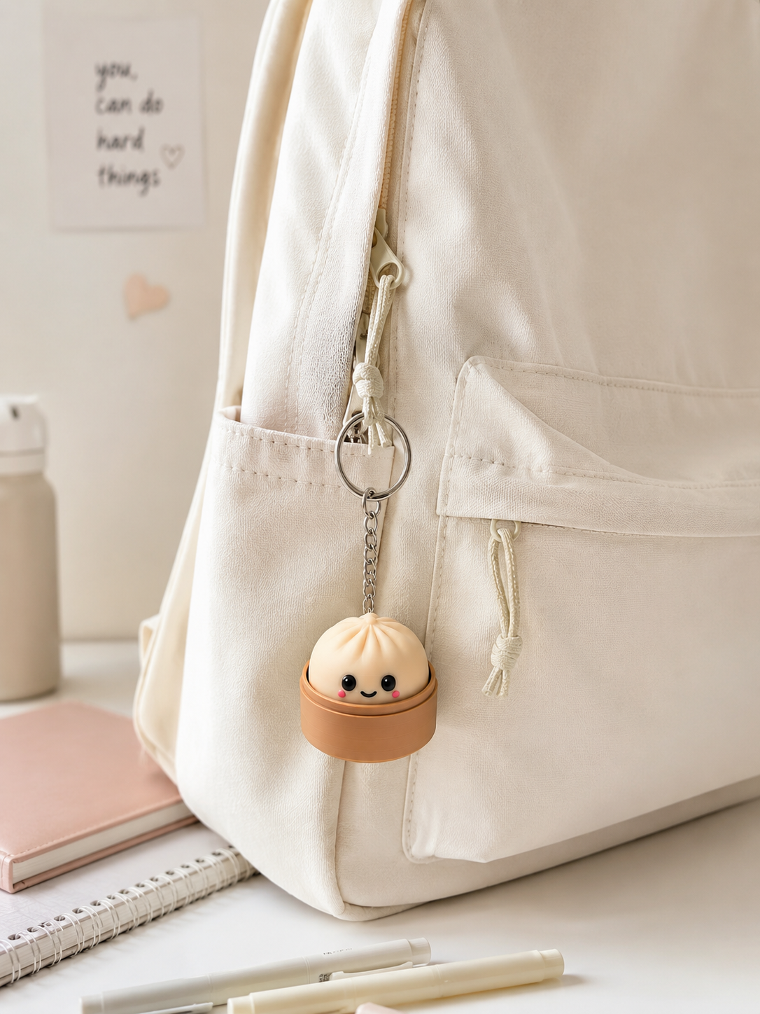 Dumpling Kickers keychain on white backpack - natural colorway