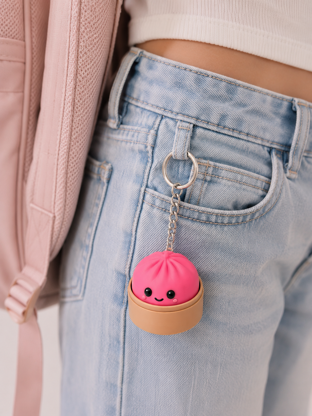 Dumpling Kickers keychain clipped to jeans pocket - pink colorway